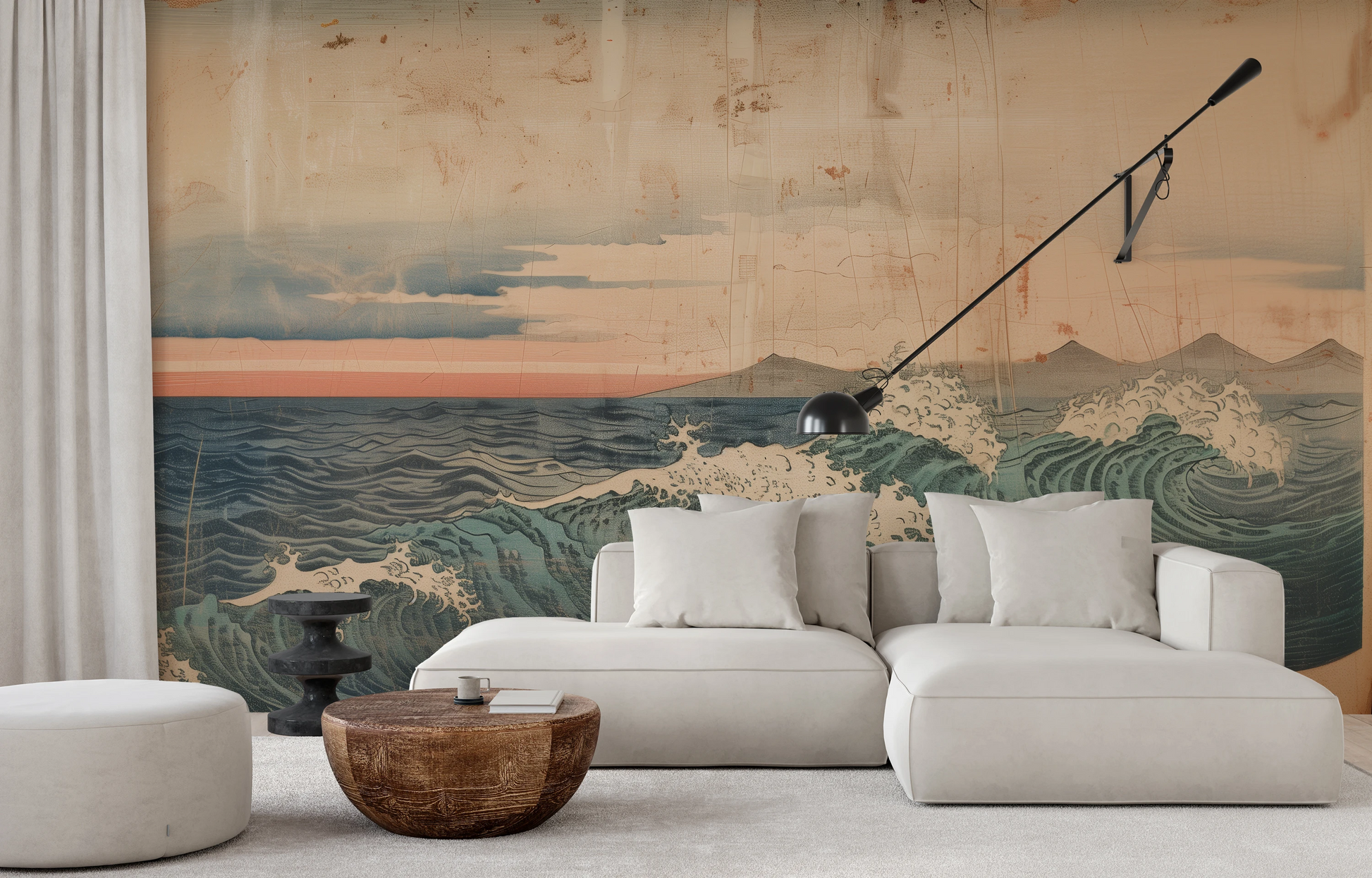 Wzór fototapety malowanej o nazwie Vintage Ocean View pokazanej w aranżacji wnętrza.