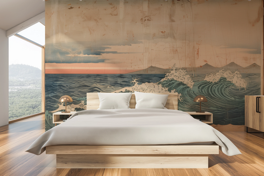 Wzór fototapety artystycznej o nazwie Vintage Ocean View pokazanej w aranżacji wnętrza.