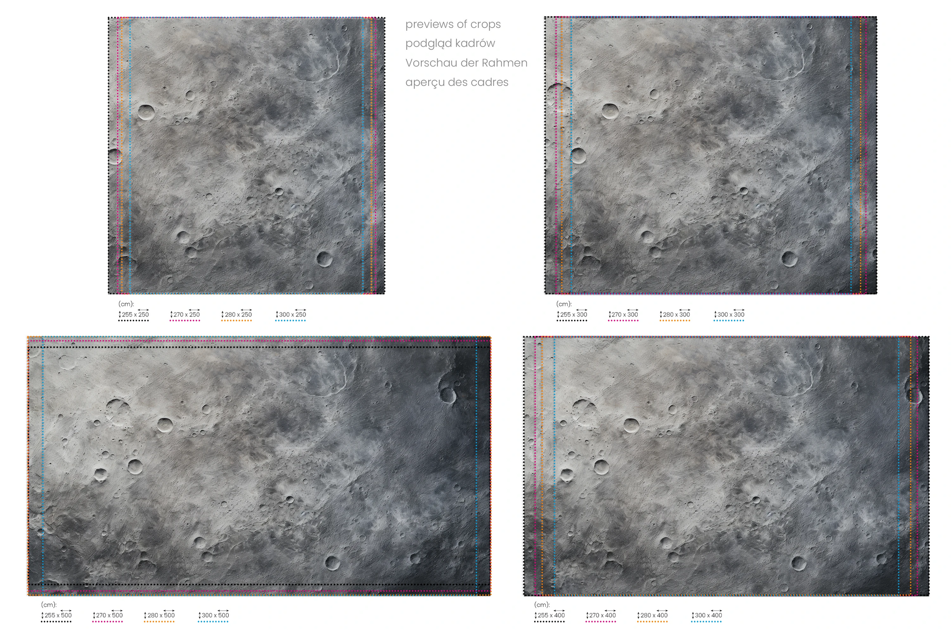 Na obrazie znajduje się prezentacja przykładowych rozmiarów fototapety o nazwie Moon's Tranquility #2. Rozmiar fototapety jest dowolny.