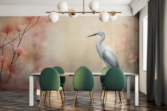 Wzór fototapety artystycznej o nazwie Graceful Crane pokazanej w aranżacji wnętrza.