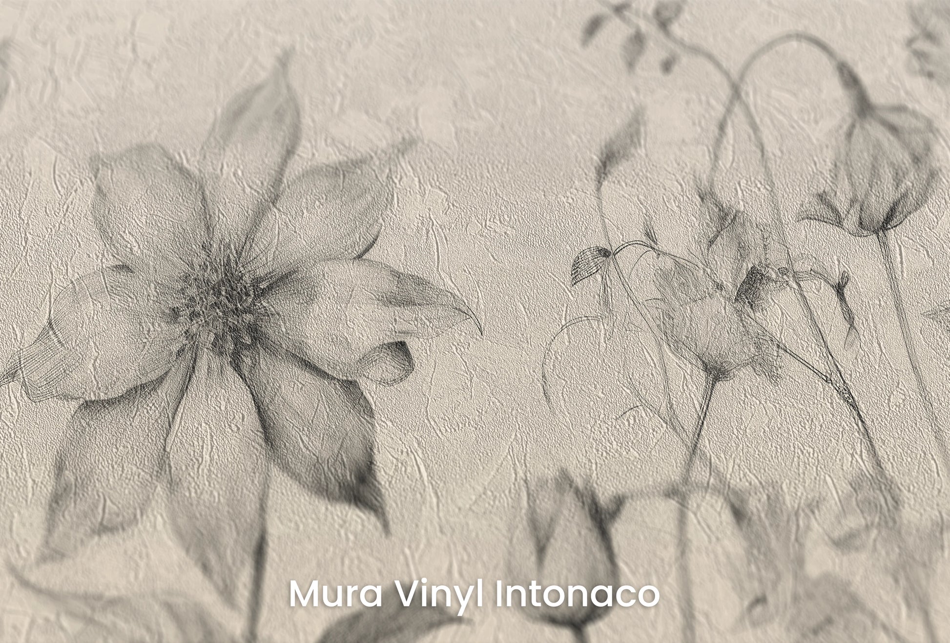 Zbliżenie na artystyczną fototapetę o nazwie Botanical Study na podłożu Mura Vinyl Intonaco - struktura tartego tynku.