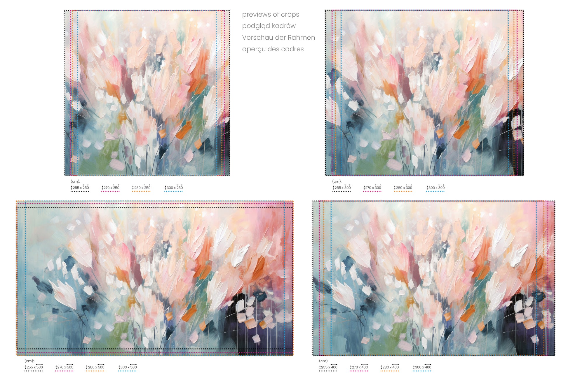 Na obrazie znajduje się prezentacja przykładowych rozmiarów fototapety o nazwie Ethereal Floral Canvas. Rozmiar fototapety jest dowolny.