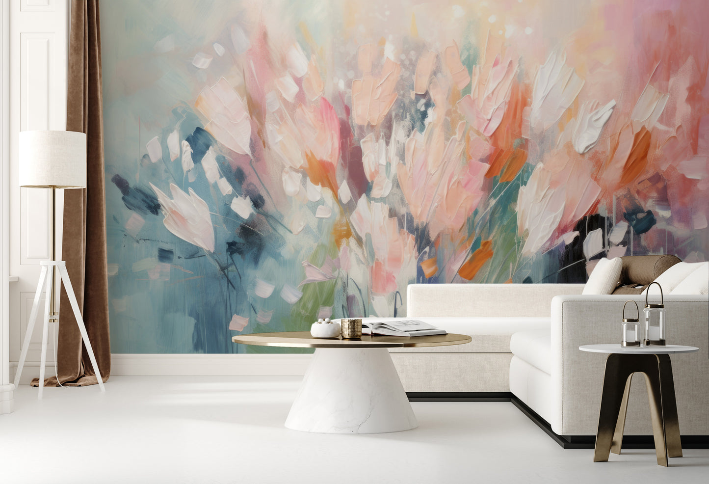 Fototapeta artystyczna o nazwie Ethereal Floral Canvas pokazana w aranżacji wnętrza.