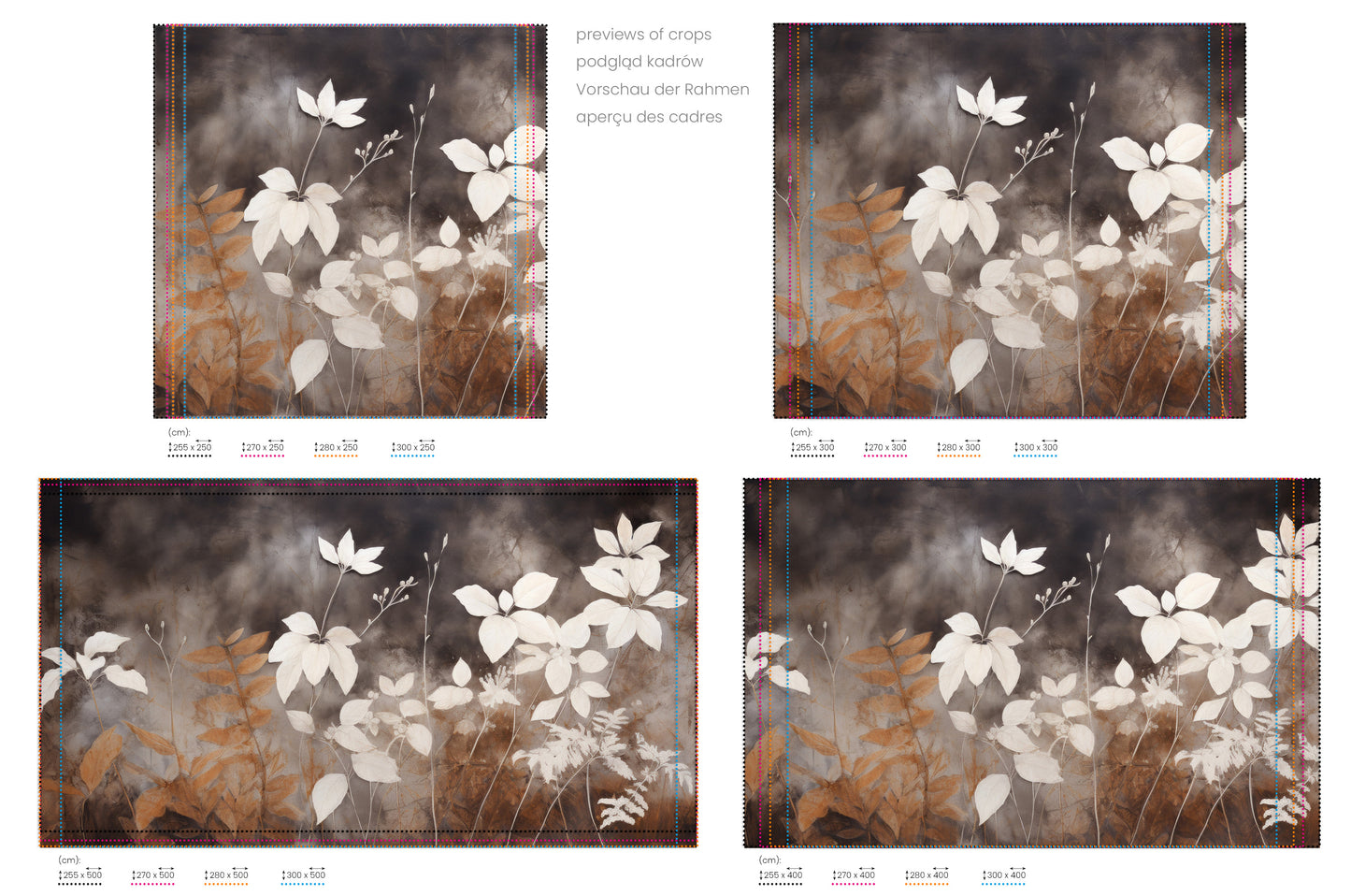 Na obrazie znajduje się prezentacja przykładowych rozmiarów fototapety o nazwie Autumnal Serenity. Rozmiar fototapety jest dowolny.