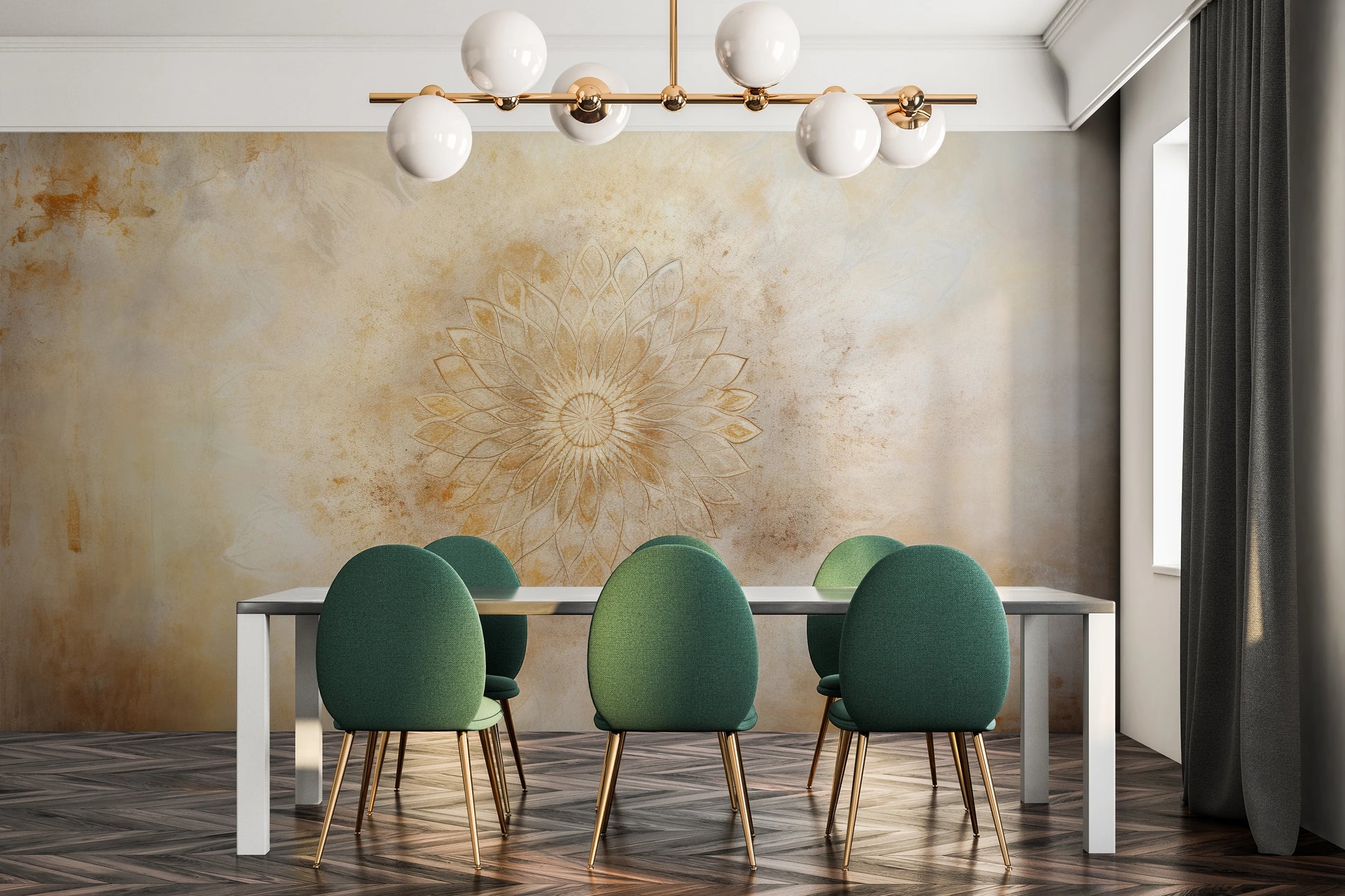 Wzór fototapety artystycznej o nazwie Subtle Sunburst pokazanej w aranżacji wnętrza.