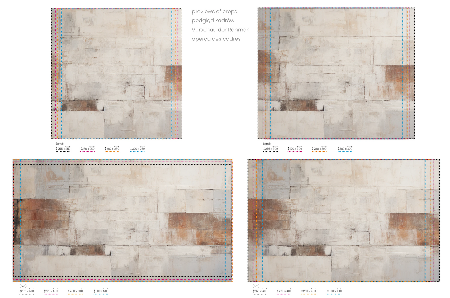Na obrazie znajduje się prezentacja przykładowych rozmiarów fototapety o nazwie Muted Fresco. Rozmiar fototapety jest dowolny.