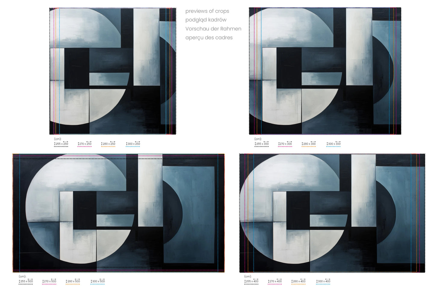 Na obrazie znajduje się prezentacja przykładowych rozmiarów fototapety o nazwie Lunar Contrast #3. Rozmiar fototapety jest dowolny.