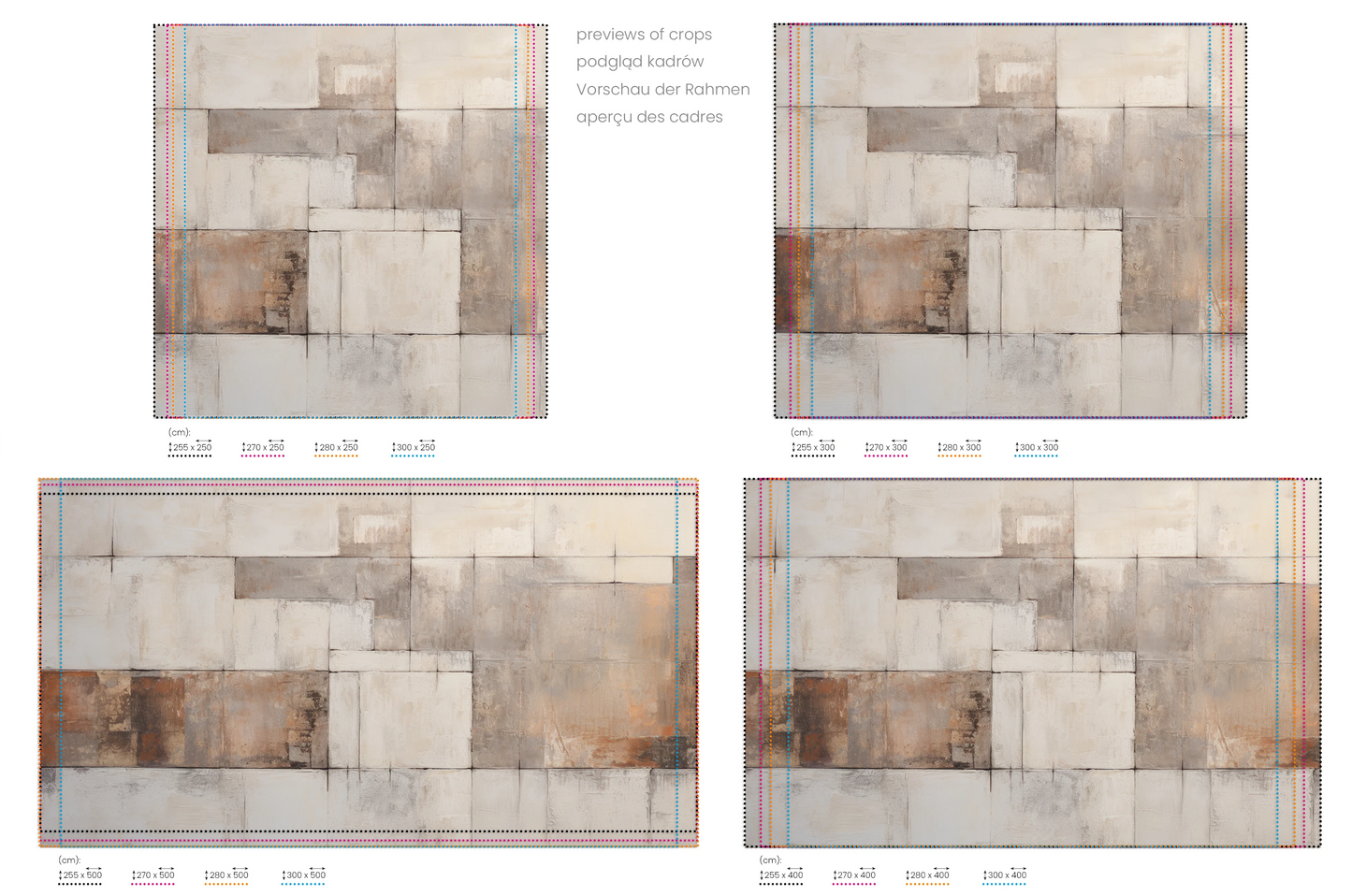 Na obrazie znajduje się prezentacja przykładowych rozmiarów fototapety o nazwie Sepia Toned Collage. Rozmiar fototapety jest dowolny.