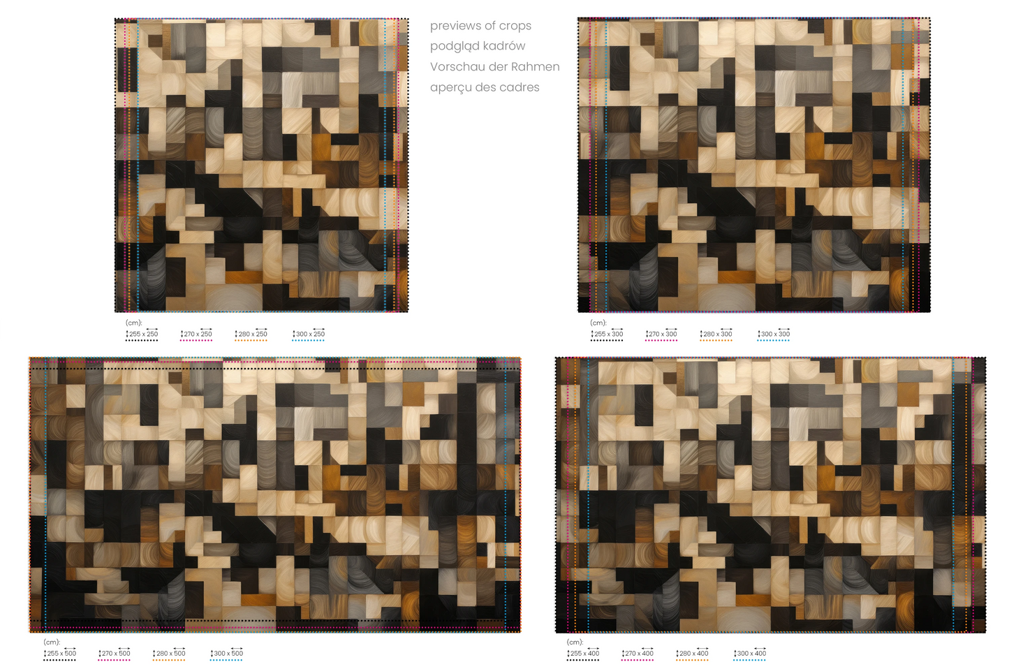 Na obrazie znajduje się prezentacja przykładowych rozmiarów fototapety o nazwie Abstract Woodblock. Rozmiar fototapety jest dowolny.
