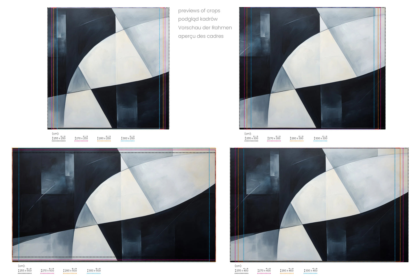 Na obrazie znajduje się prezentacja przykładowych rozmiarów fototapety o nazwie Crescent Harmony #2. Rozmiar fototapety jest dowolny.