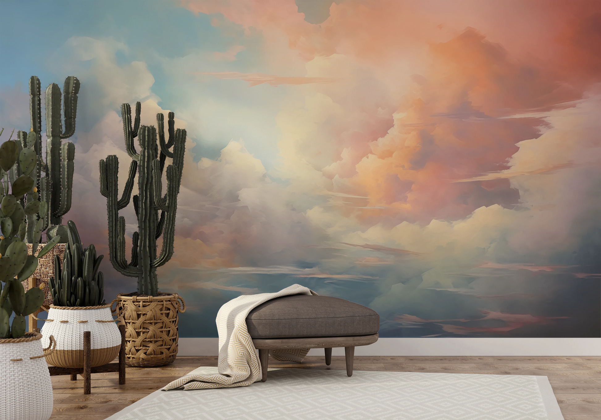 Fototapeta malowana o nazwie Serene Skies pokazana w aranżacji wnętrza.