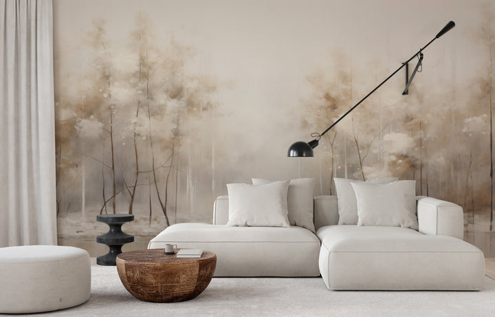 Wzór fototapety malowanej o nazwie SOFT WINTER GLOW MURAL pokazanej w aranżacji wnętrza.