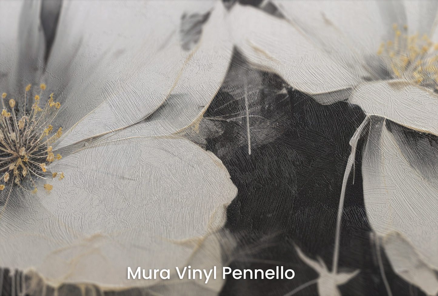 Zbliżenie na artystyczną fototapetę o nazwie MIDNIGHT GARDEN na podłożu Mura Vinyl Pennello - faktura pociągnięć pędzla malarskiego.