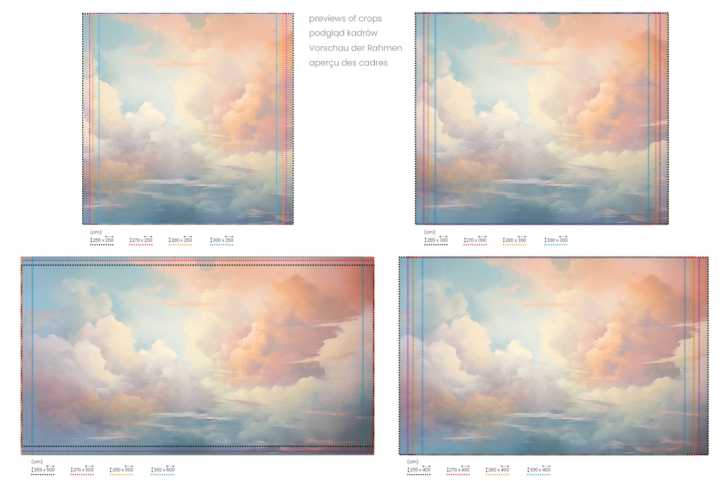 Na obrazie znajduje się prezentacja przykładowych rozmiarów fototapety o nazwie Serene Skies. Rozmiar fototapety jest dowolny.