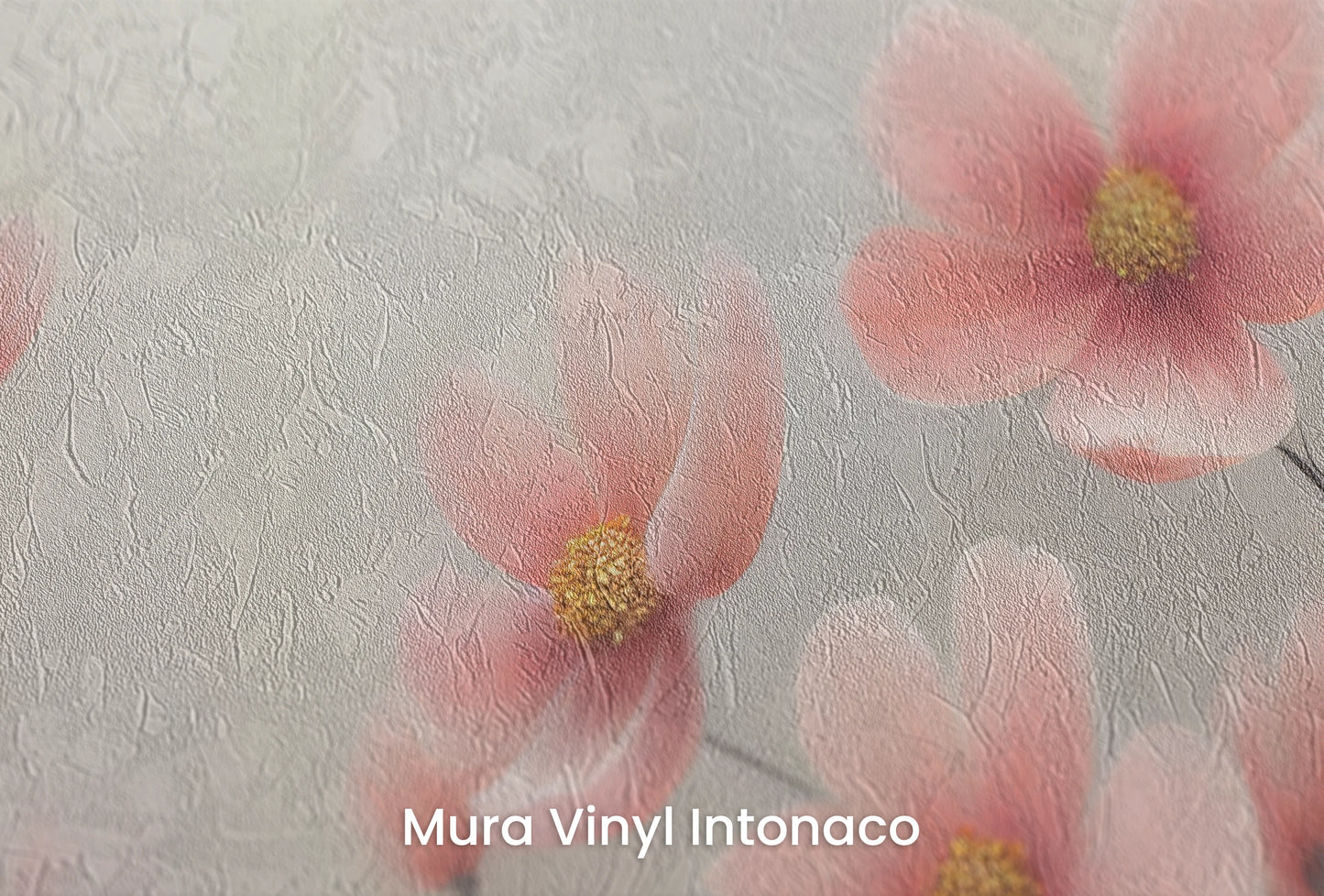 Zbliżenie na artystyczną fototapetę o nazwie Petal Tranquility na podłożu Mura Vinyl Intonaco - struktura tartego tynku.