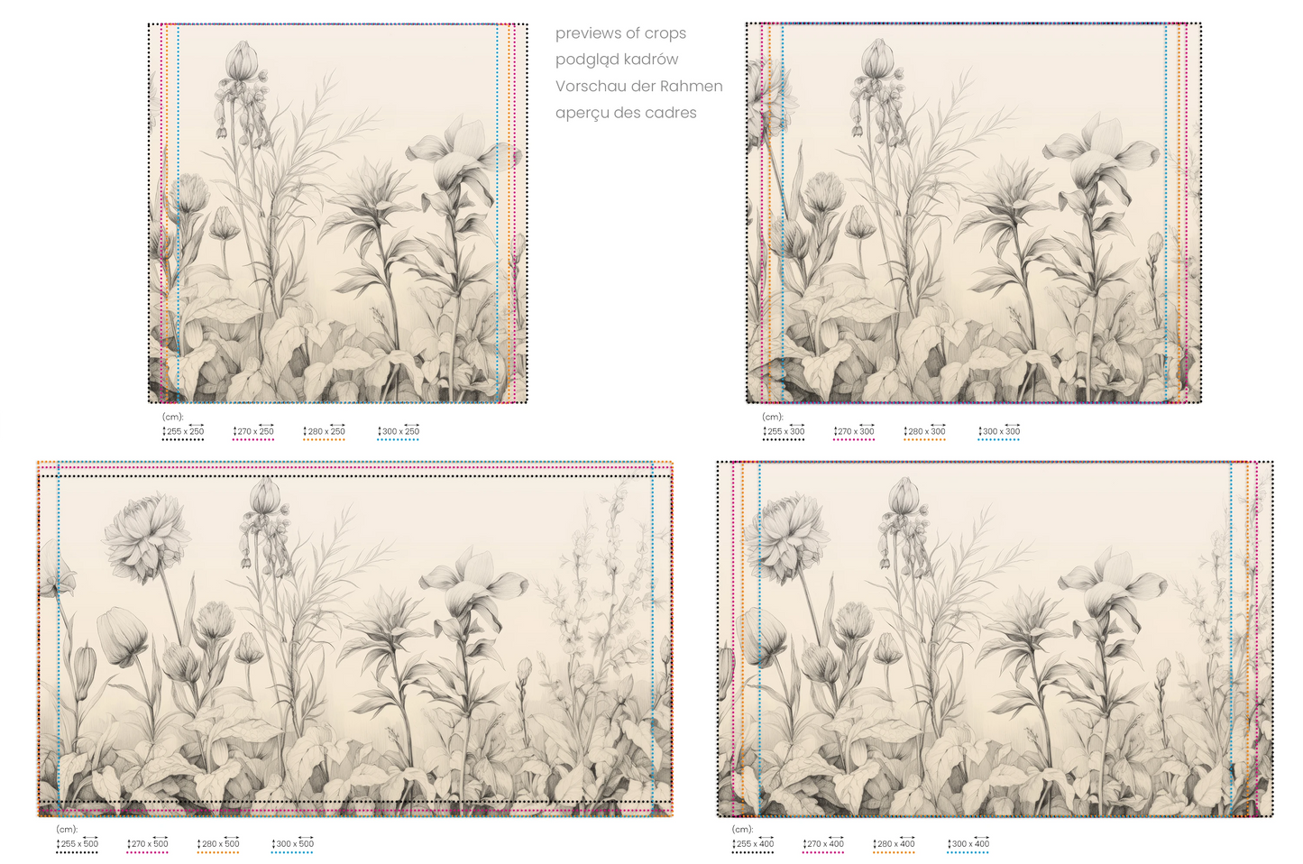 Na obrazie znajduje się prezentacja przykładowych rozmiarów fototapety o nazwie Floral Tranquility. Rozmiar fototapety jest dowolny.