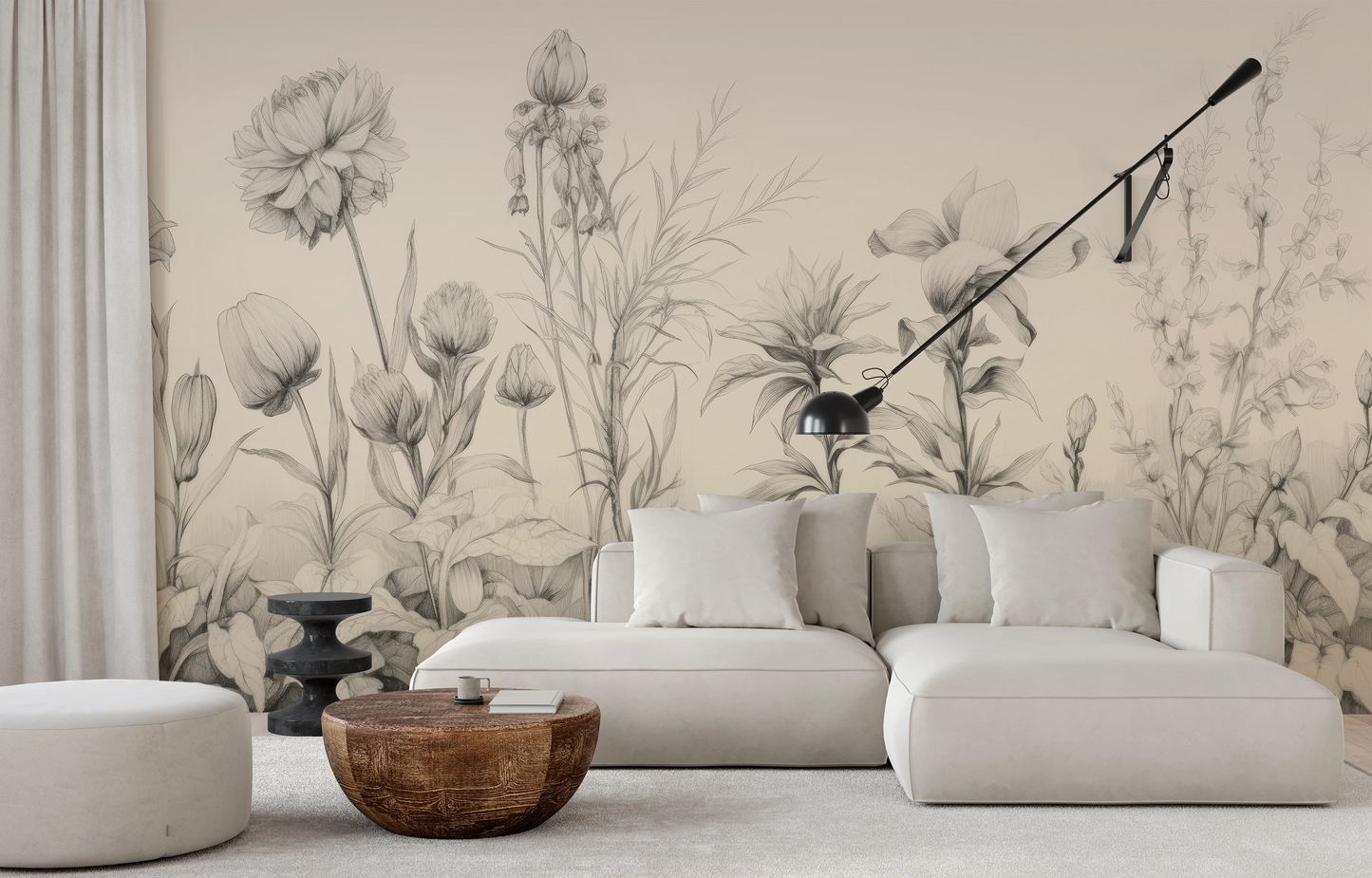 Wzór fototapety malowanej o nazwie Floral Tranquility pokazanej w aranżacji wnętrza.