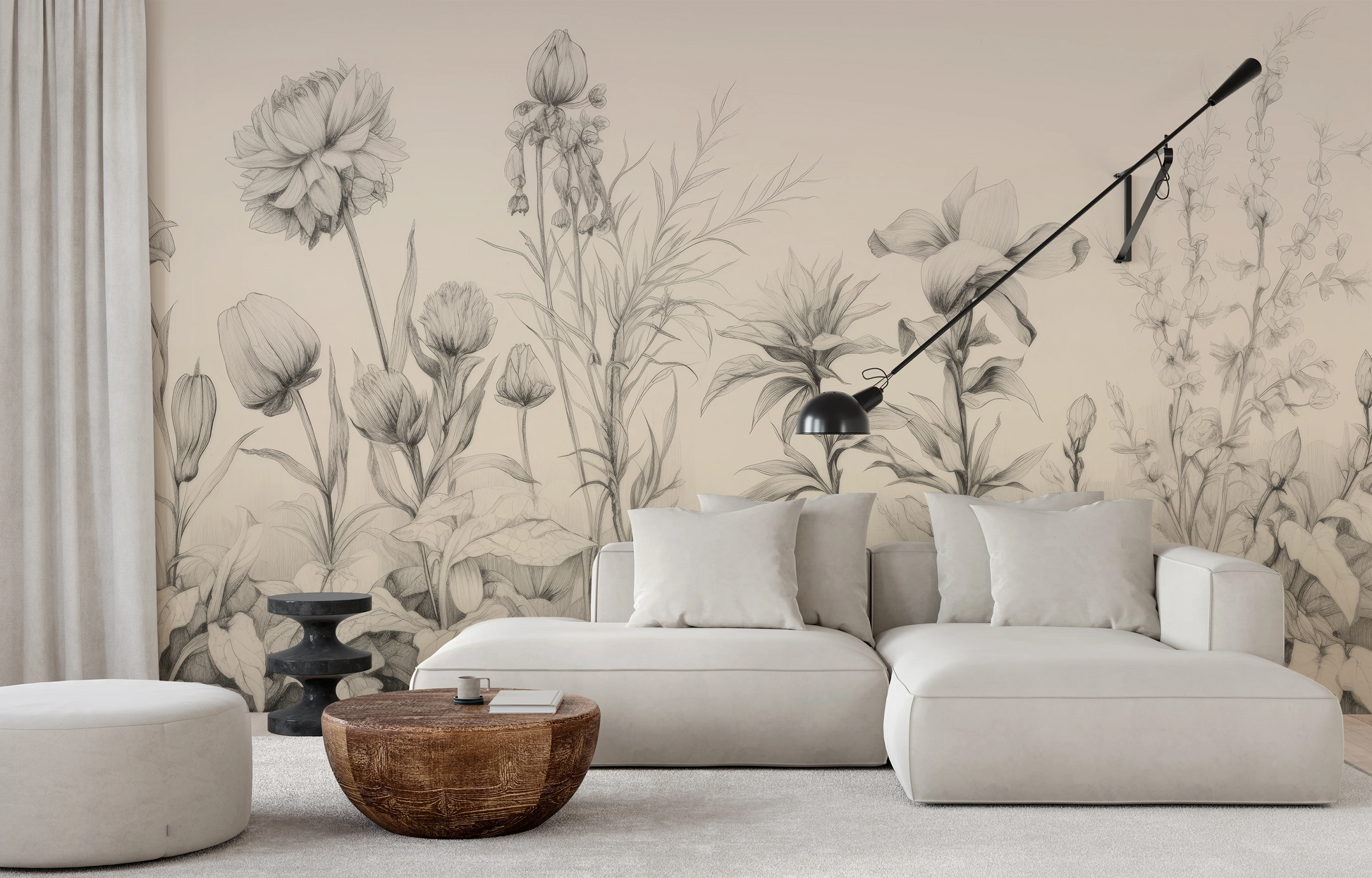 Wzór fototapety malowanej o nazwie Floral Tranquility pokazanej w aranżacji wnętrza.