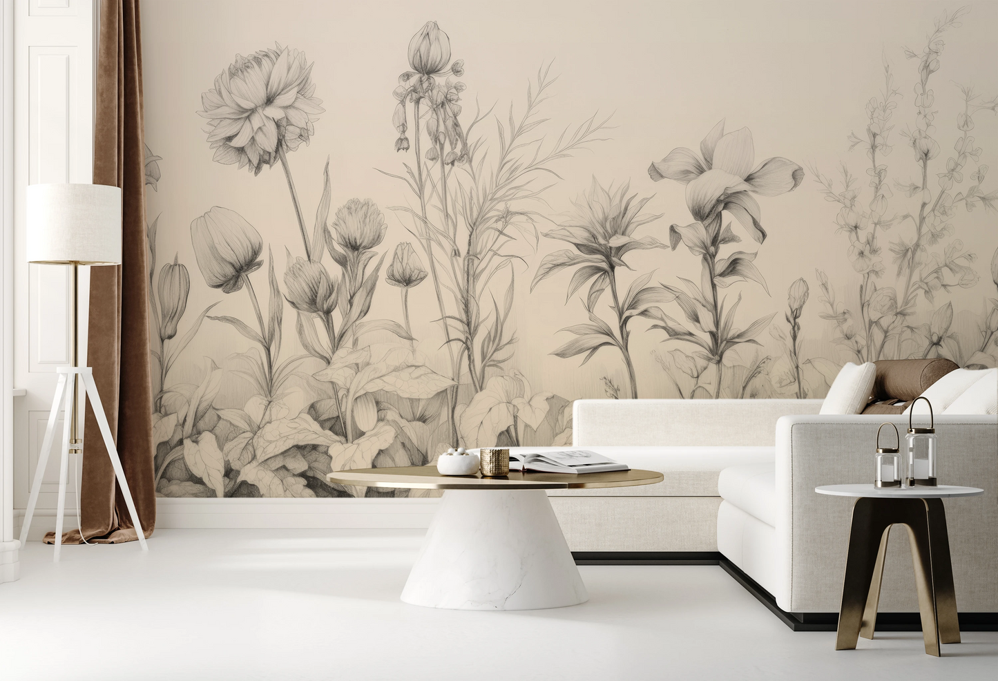 Wzór fototapety o nazwie Floral Tranquility pokazanej w kontekście pomieszczenia.