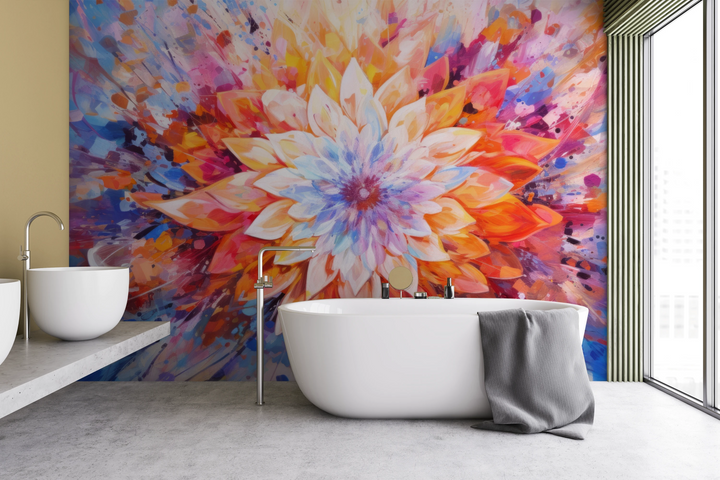 Wzór fototapety artystycznej o nazwie Radiant Bloom pokazanej w aranżacji wnętrza.
