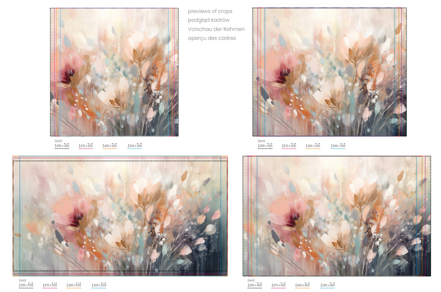 Na obrazie znajduje się prezentacja przykładowych rozmiarów fototapety o nazwie Dreamy Floral Impression. Rozmiar fototapety jest dowolny.