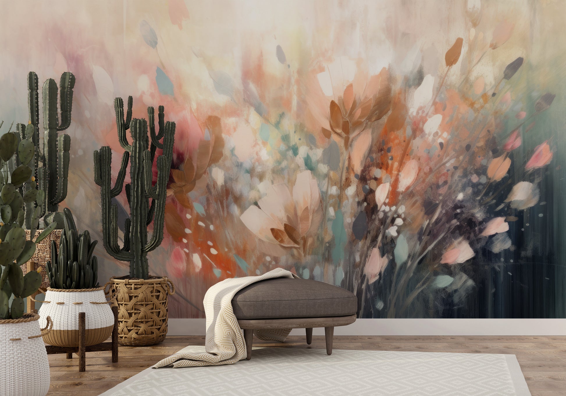 Wzór fototapety malowanej o nazwie Dreamy Floral Impression pokazanej w aranżacji wnętrza.
