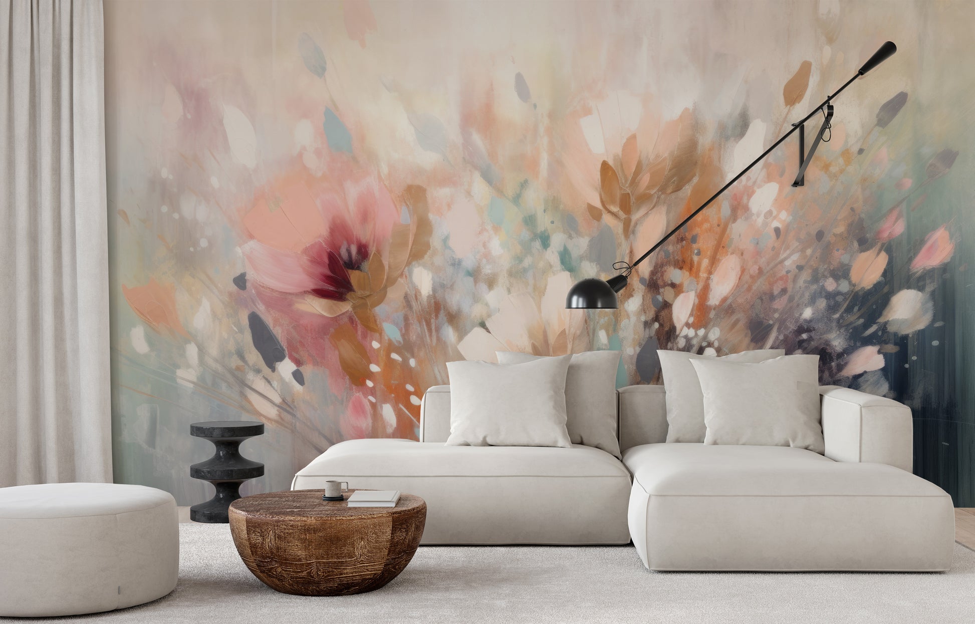 Wzór fototapety o nazwie Dreamy Floral Impression pokazanej w kontekście pomieszczenia.