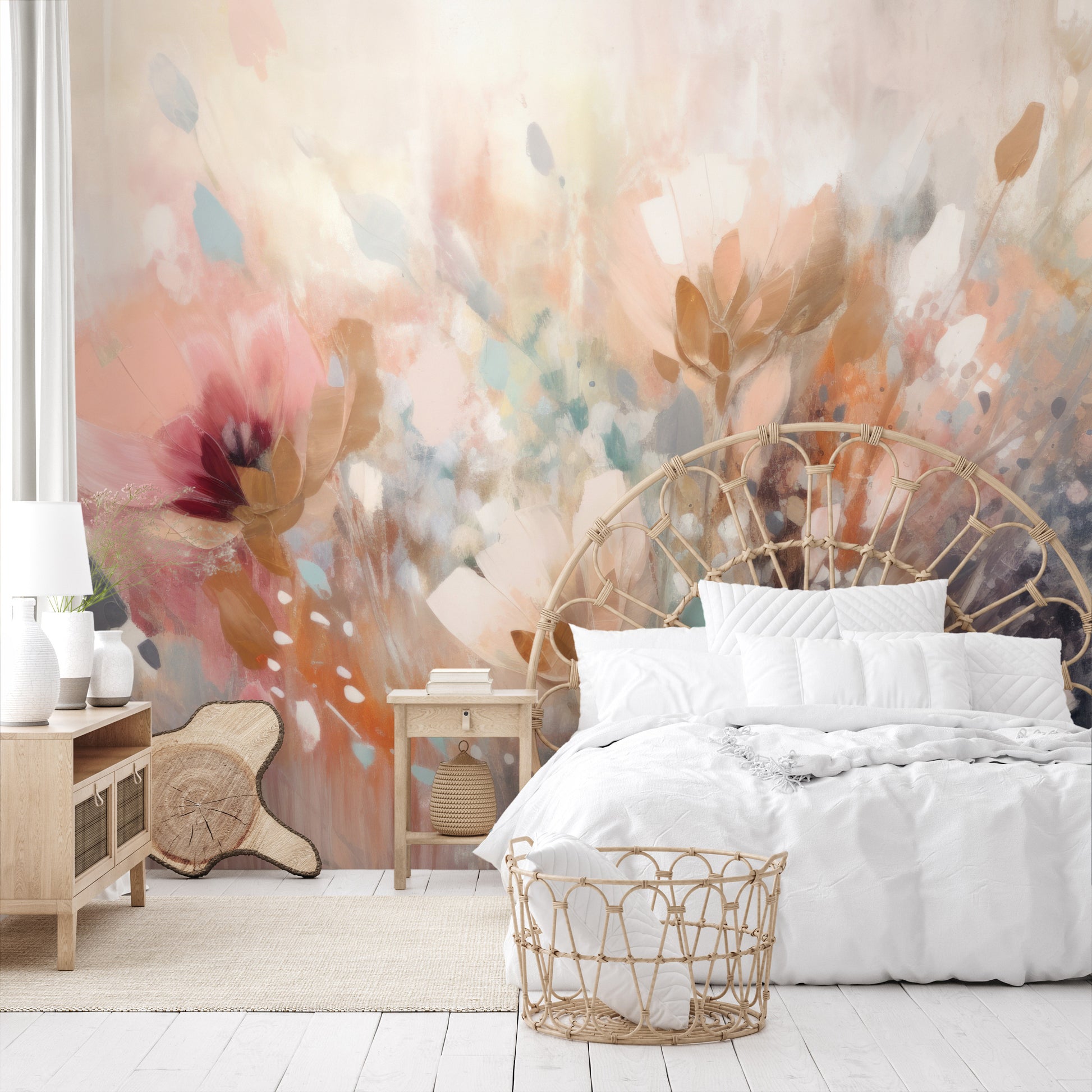 Zdjęcie prezentuje aranżację wnętrza z użyciem fototapety o nazwie Dreamy Floral Impression pokazanej w aranżacji wnętrza.