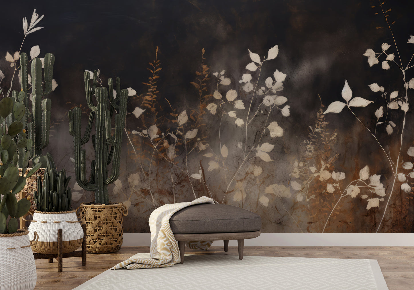Wzór fototapety malowanej o nazwie Smokey Flora Elegance pokazanej w aranżacji wnętrza.