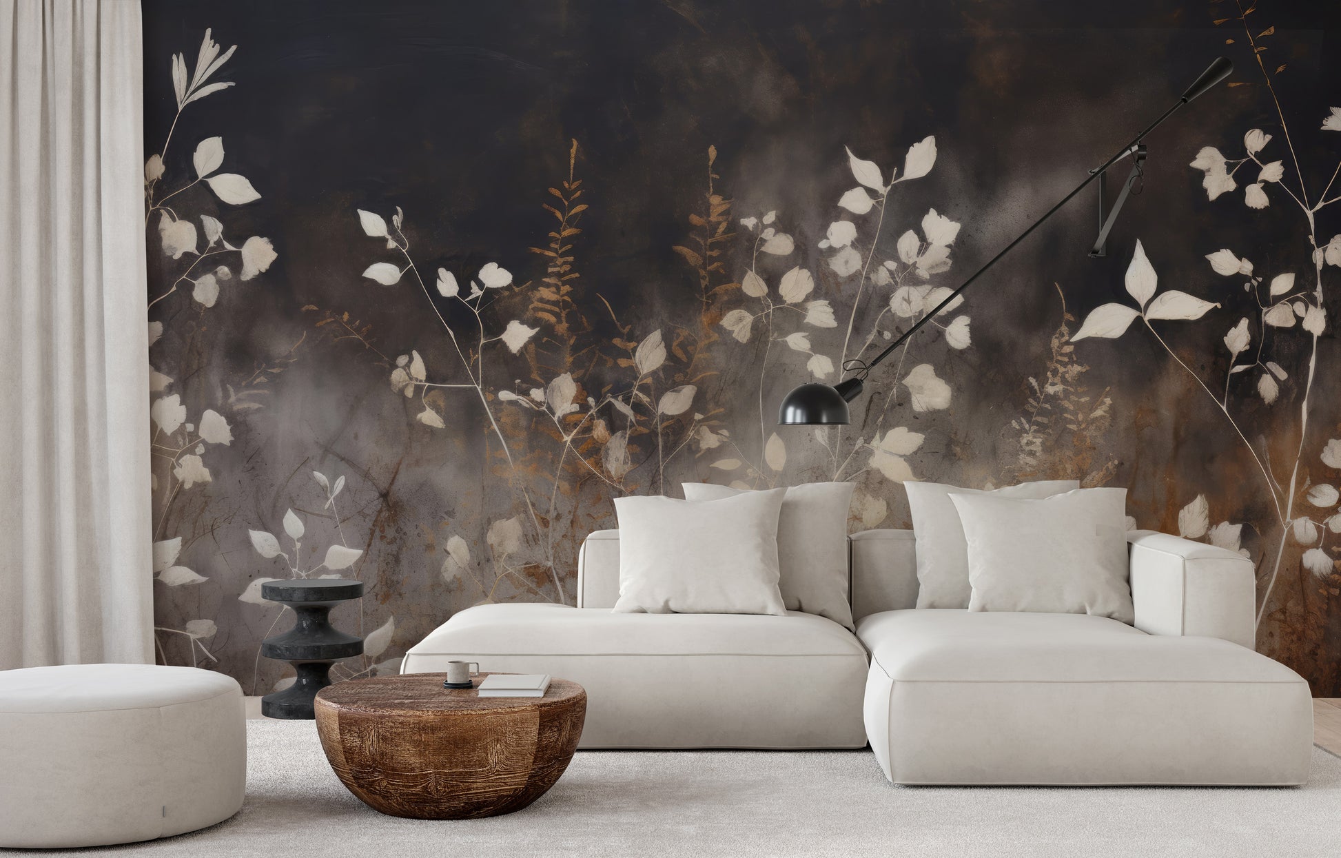 Wzór fototapety artystycznej o nazwie Smokey Flora Elegance pokazanej w aranżacji wnętrza.