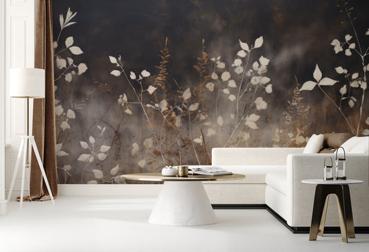 Wzór fototapety artystycznej o nazwie Smokey Flora Elegance pokazanej w aranżacji wnętrza.