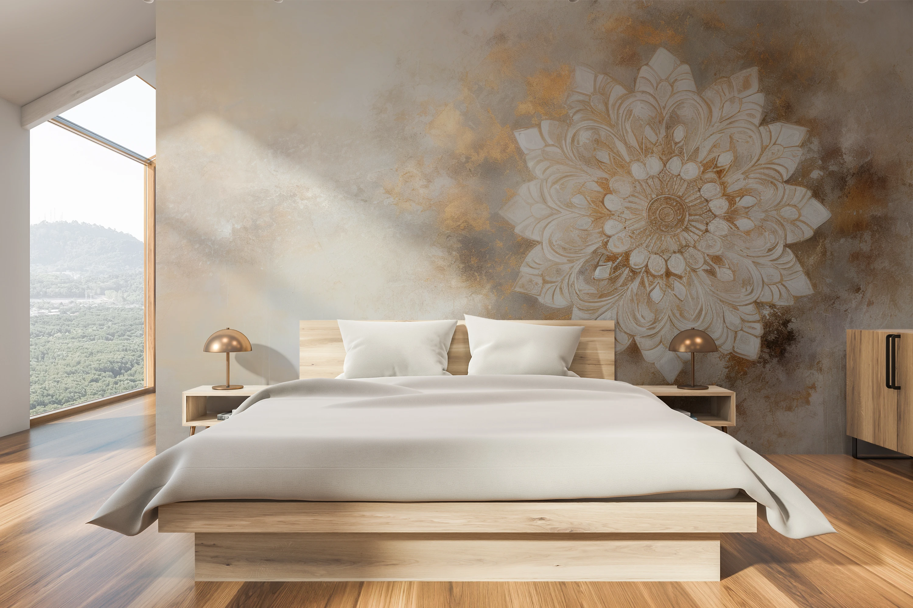 Wzór fototapety artystycznej o nazwie Majestic Bloom pokazanej w aranżacji wnętrza.