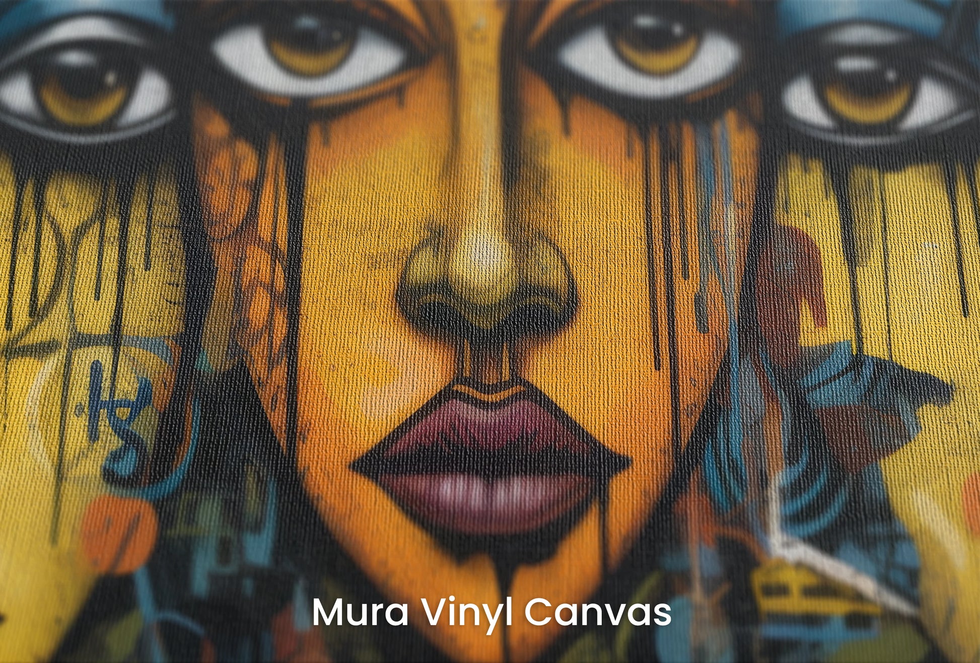 Zbliżenie na artystyczną fototapetę o nazwie Triptych of Minds na podłożu Mura Vinyl Canvas - faktura naturalnego płótna.