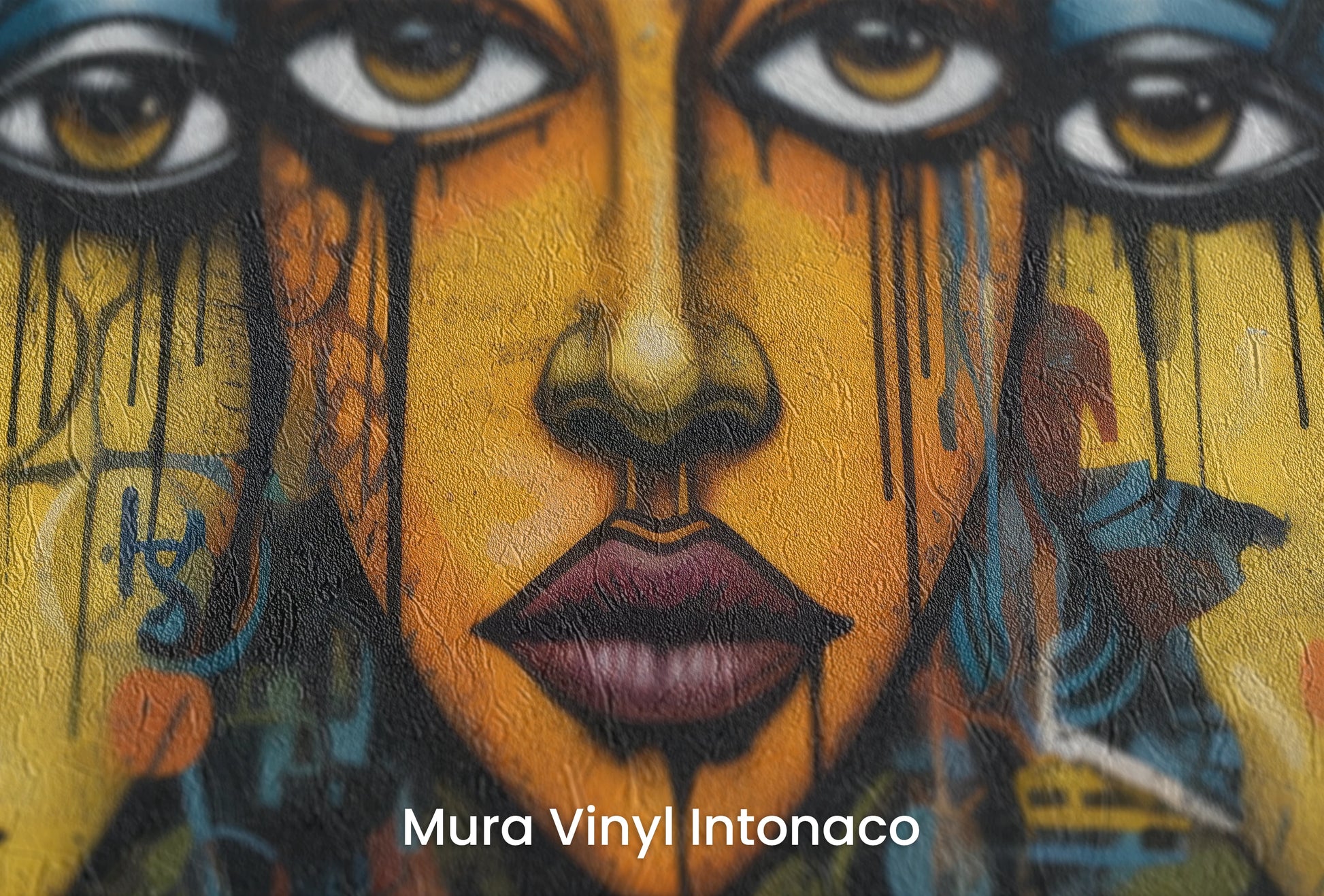 Zbliżenie na artystyczną fototapetę o nazwie Triptych of Minds na podłożu Mura Vinyl Intonaco - struktura tartego tynku.