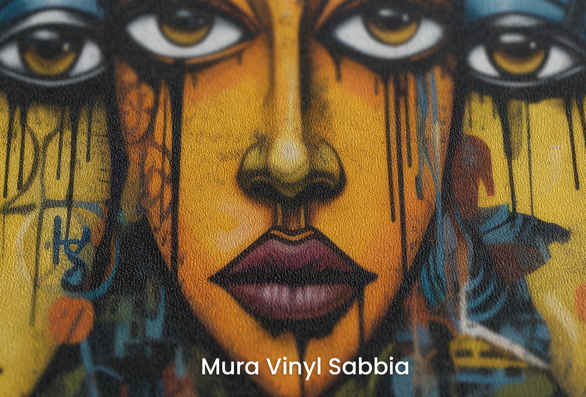 Zbliżenie na artystyczną fototapetę o nazwie Triptych of Minds na podłożu Mura Vinyl Sabbia struktura grubego ziarna piasku.