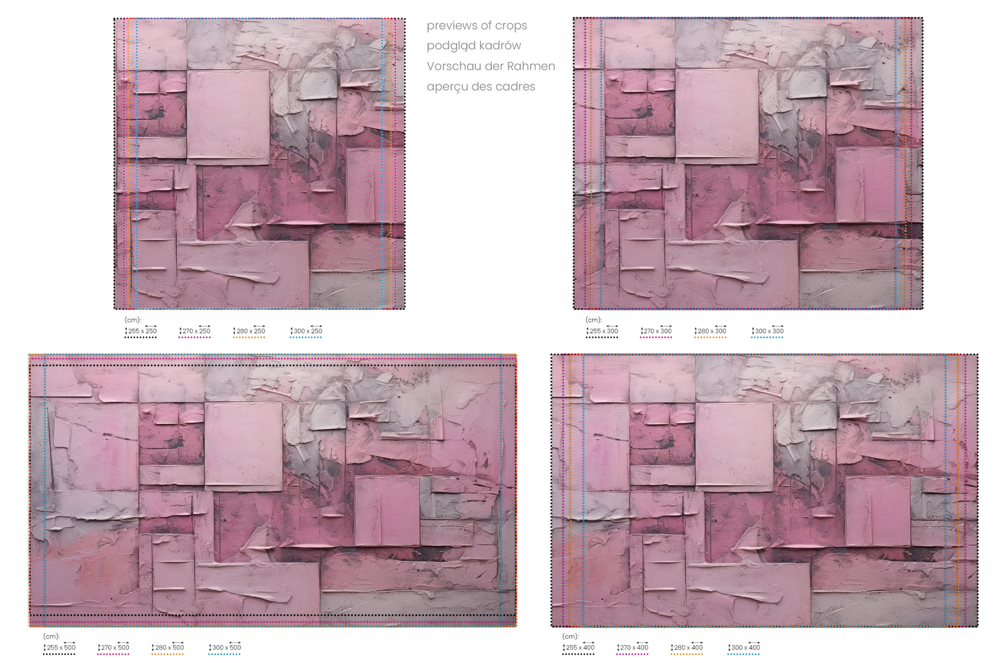 Na obrazie znajduje się prezentacja przykładowych rozmiarów fototapety o nazwie Pink Geometry. Rozmiar fototapety jest dowolny.