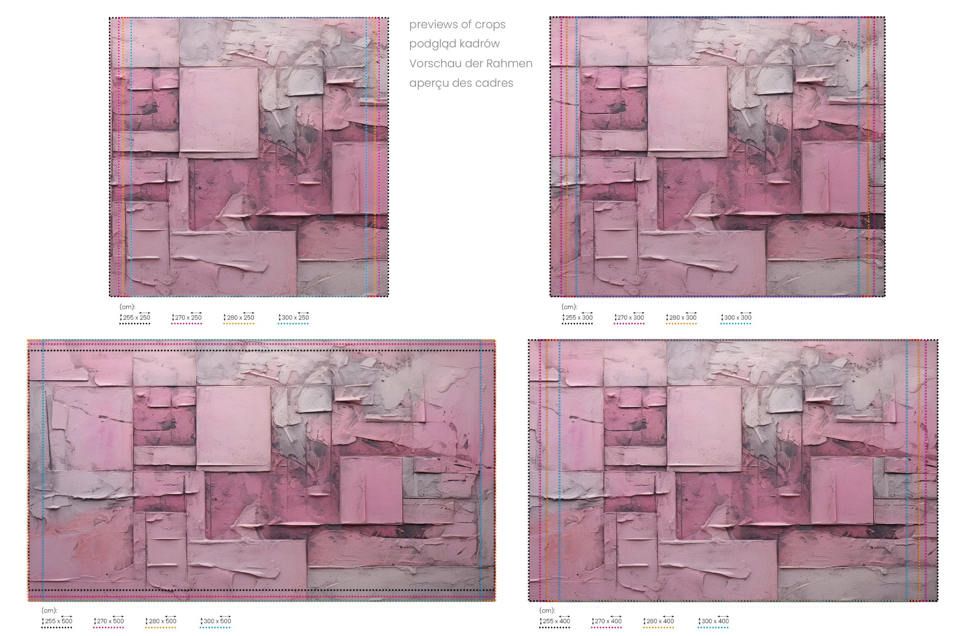 Na obrazie znajduje się prezentacja przykładowych rozmiarów fototapety o nazwie Pink Geometry. Rozmiar fototapety jest dowolny.