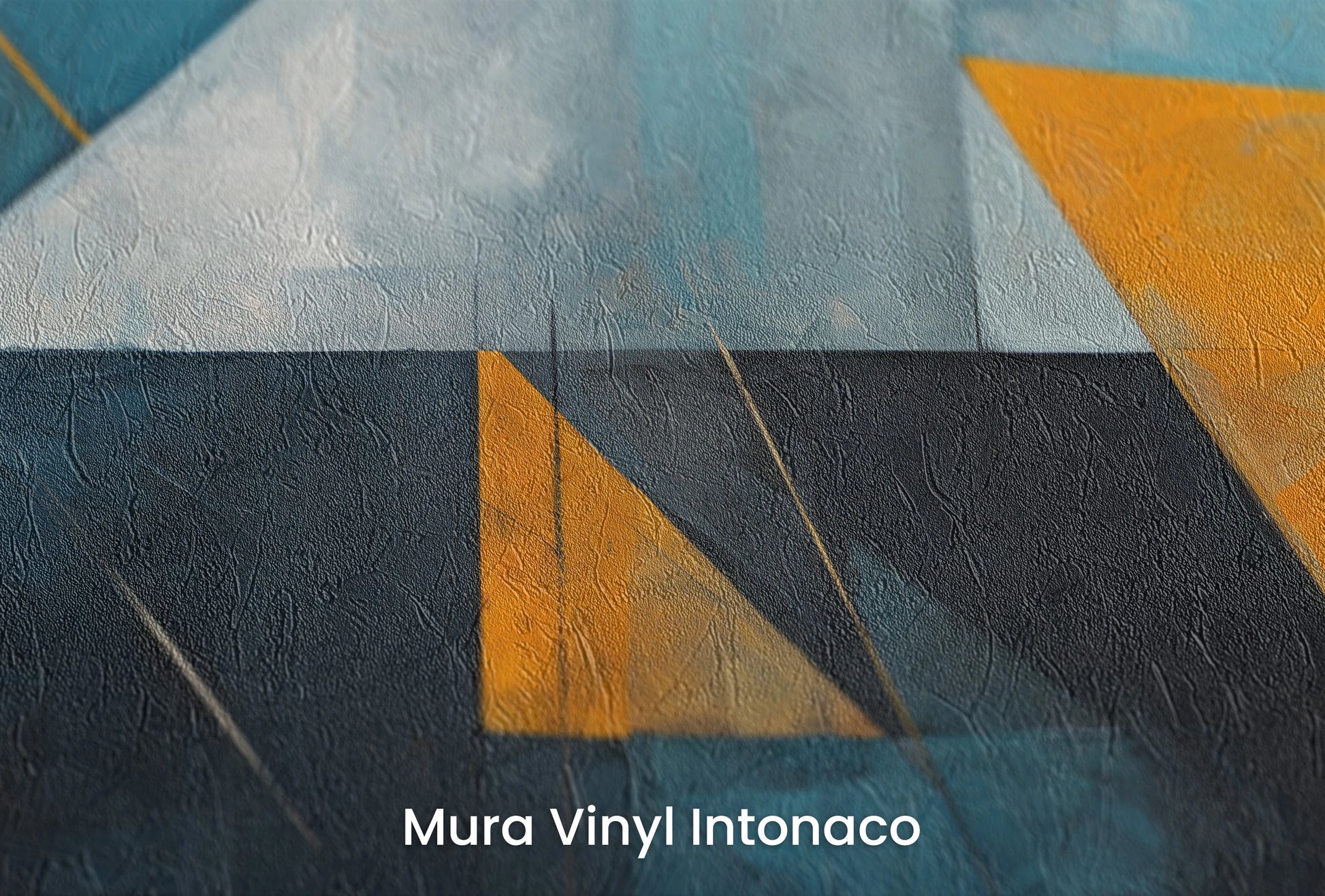 Zbliżenie na artystyczną fototapetę o nazwie Blue Triangle na podłożu Mura Vinyl Intonaco - struktura tartego tynku.