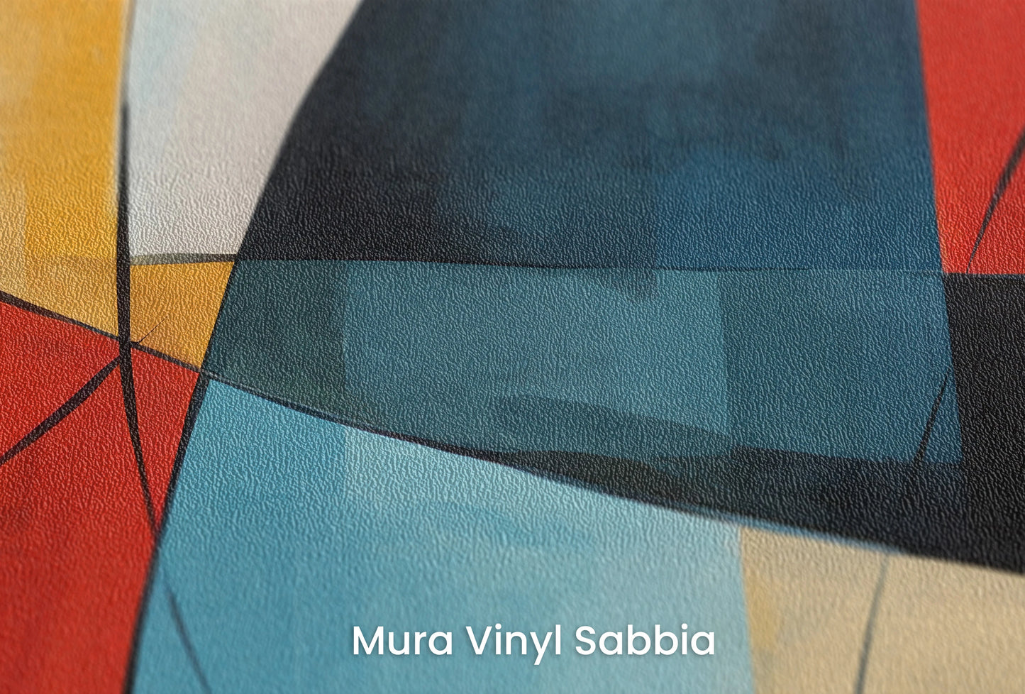 Zbliżenie na artystyczną fototapetę o nazwie Colorful Geometry na podłożu Mura Vinyl Sabbia struktura grubego ziarna piasku.