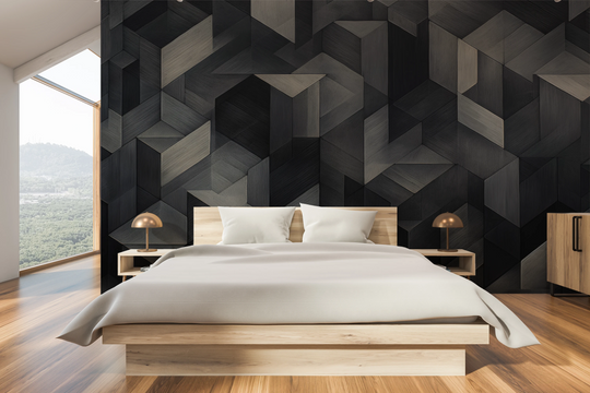 Wzór fototapety artystycznej o nazwie Dark Timber Mosaic pokazanej w aranżacji wnętrza.
