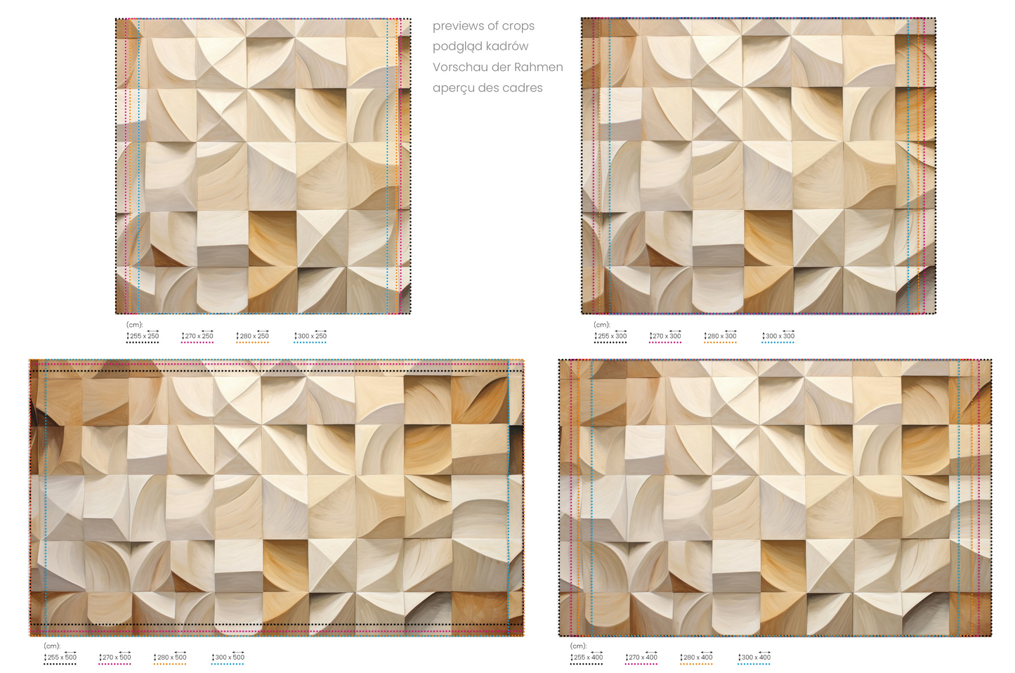 Na obrazie znajduje się prezentacja przykładowych rozmiarów fototapety o nazwie Wooden Origami. Rozmiar fototapety jest dowolny.