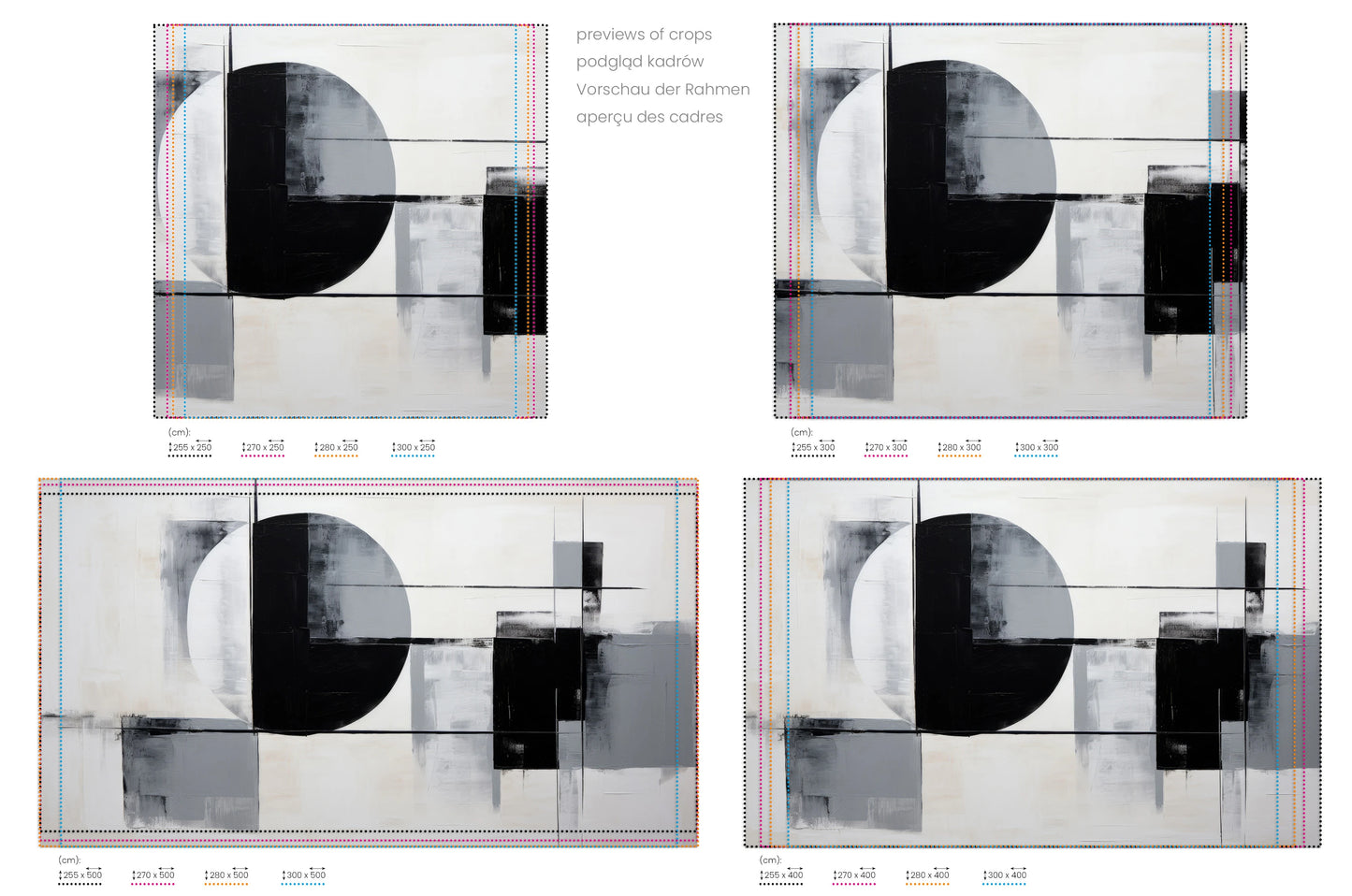 Na obrazie znajduje się prezentacja przykładowych rozmiarów fototapety o nazwie Lunar Contrast #2. Rozmiar fototapety jest dowolny.