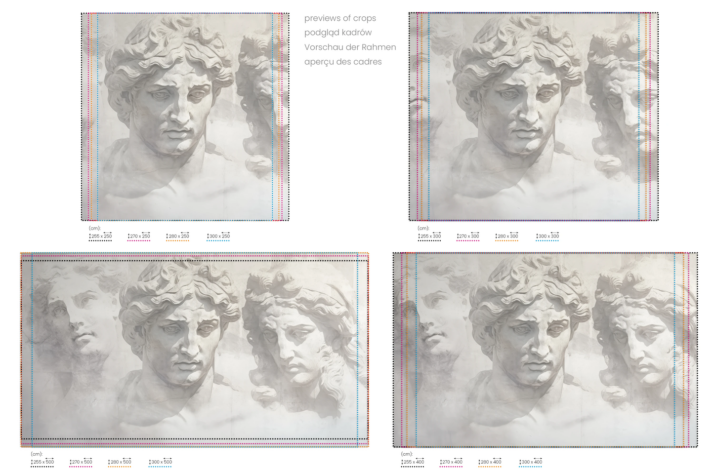 Na obrazie znajduje się prezentacja przykładowych rozmiarów fototapety o nazwie Greek Tragedy. Rozmiar fototapety jest dowolny.