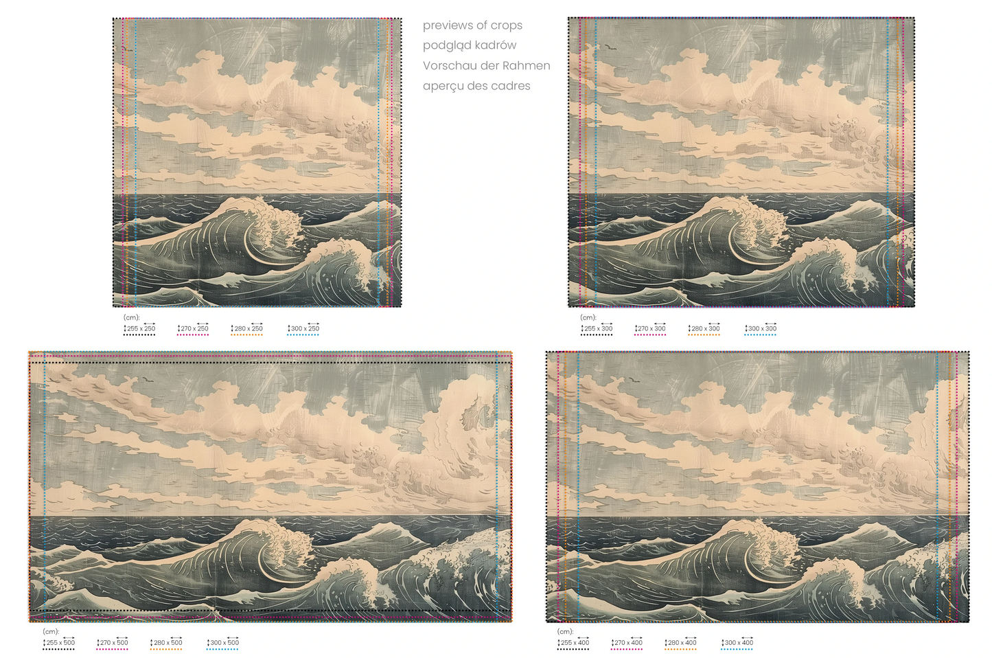 Na obrazie znajduje się prezentacja przykładowych rozmiarów fototapety o nazwie Cloudy Sea Harmony. Rozmiar fototapety jest dowolny.