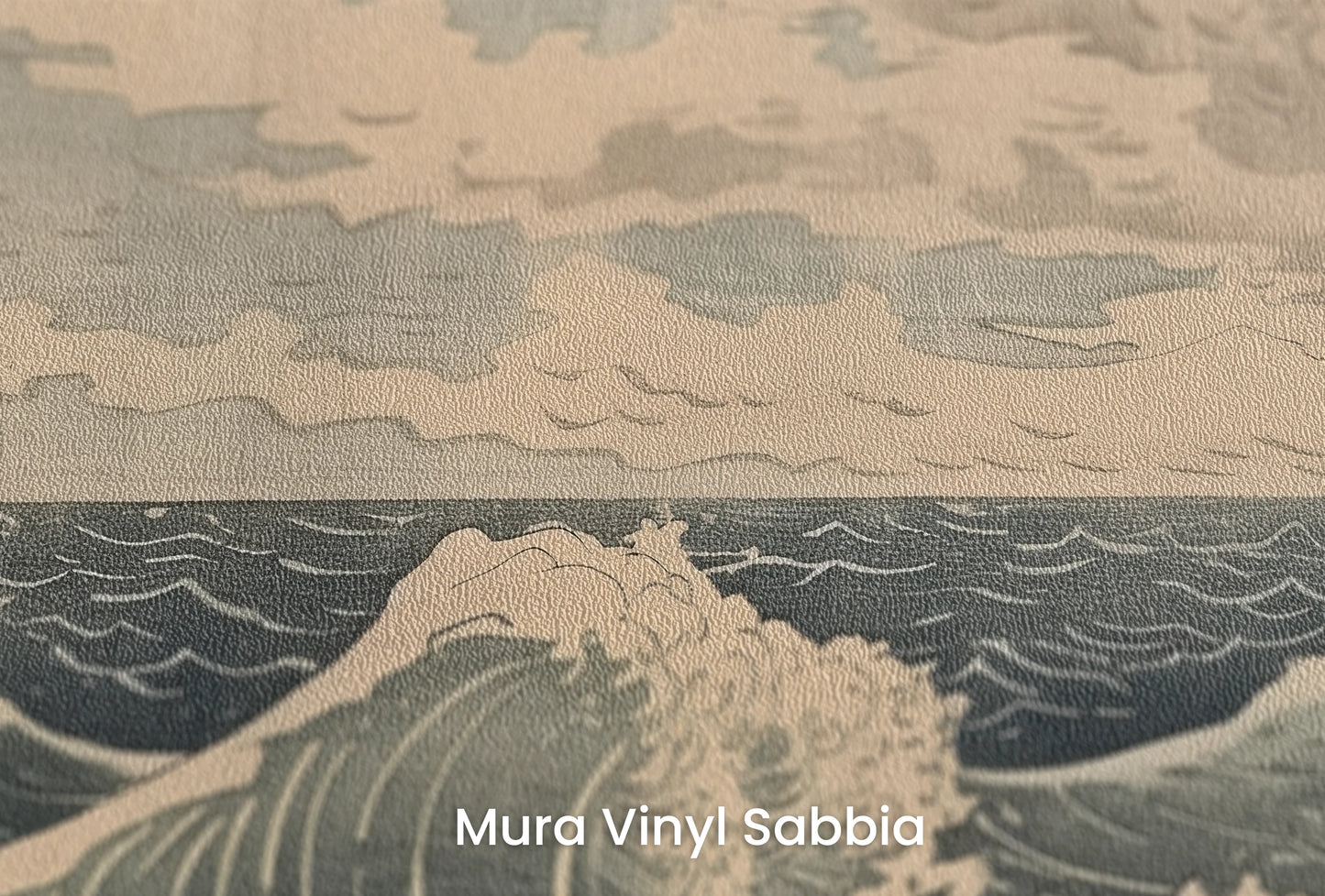 Zbliżenie na artystyczną fototapetę o nazwie Cloudy Sea Harmony na podłożu Mura Vinyl Sabbia struktura grubego ziarna piasku.