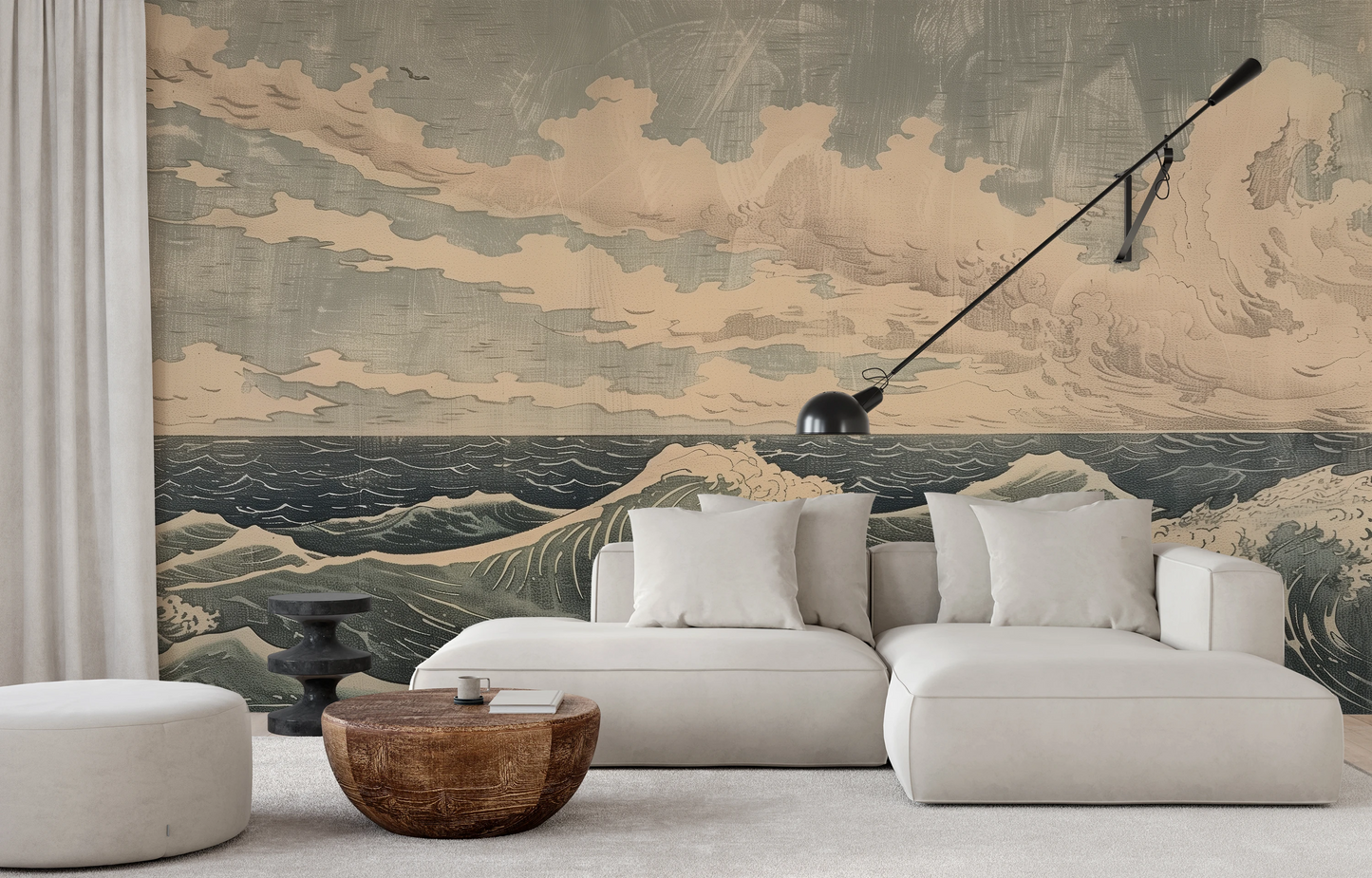 Fototapeta artystyczna o nazwie Cloudy Sea Harmony pokazana w aranżacji wnętrza.