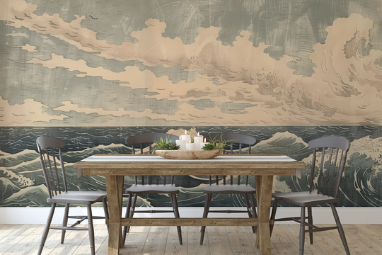 Wzór fototapety artystycznej o nazwie Cloudy Sea Harmony pokazanej w aranżacji wnętrza.
