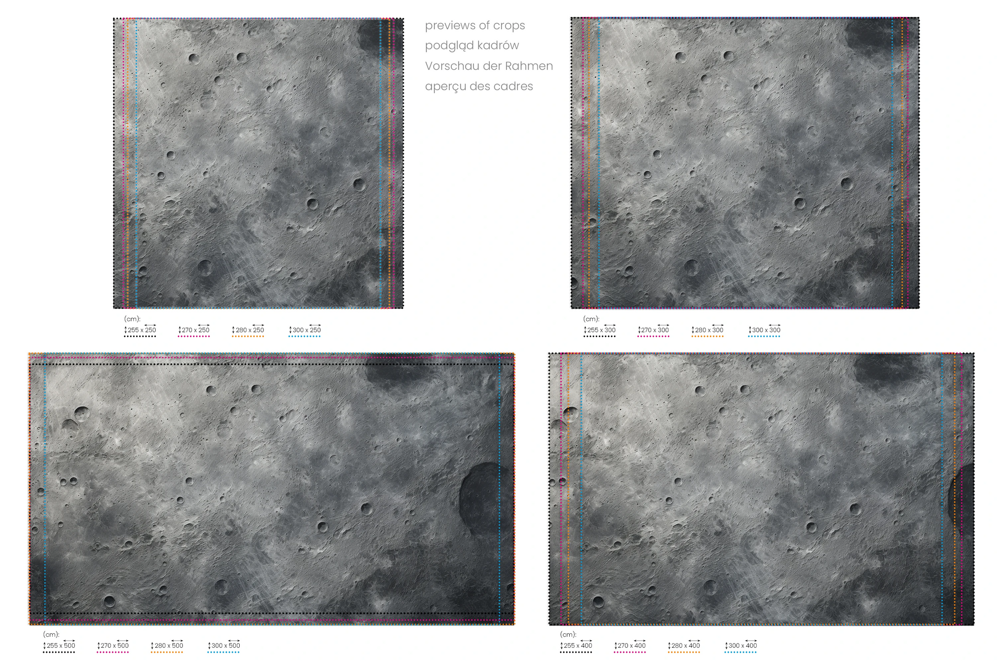 Na obrazie znajduje się prezentacja przykładowych rozmiarów fototapety o nazwie Crater's Edge. Rozmiar fototapety jest dowolny.