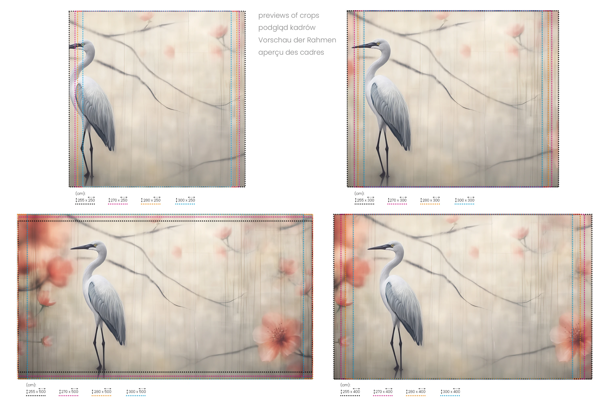 Na obrazie znajduje się prezentacja przykładowych rozmiarów fototapety o nazwie Heron's Realm. Rozmiar fototapety jest dowolny.