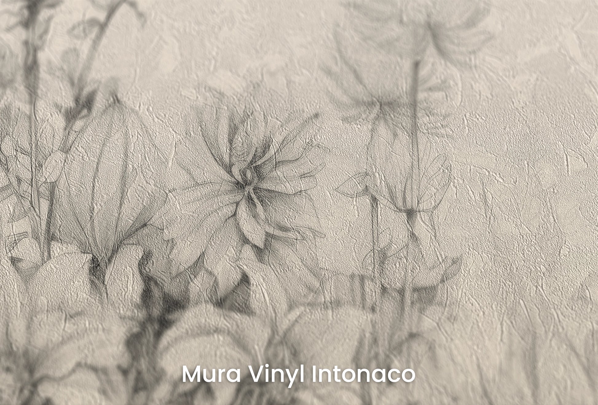 Zbliżenie na artystyczną fototapetę o nazwie Harmonious Blossoms na podłożu Mura Vinyl Intonaco - struktura tartego tynku.